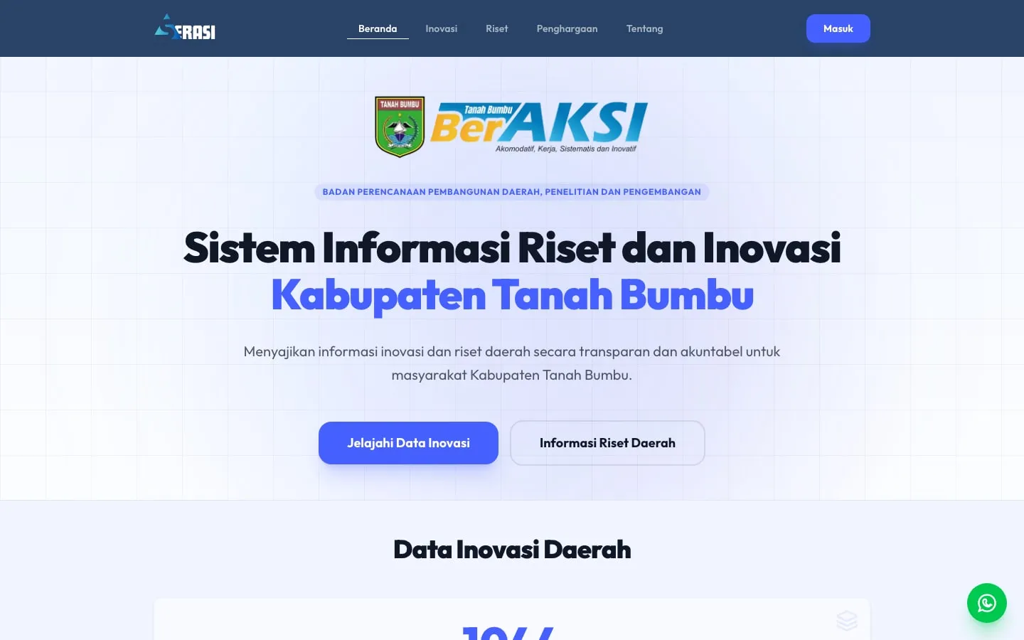 Halaman depan Serasi Kabupaten Tanah Bumbu dengan judul "Sistem Informasi Riset dan Inovasi"