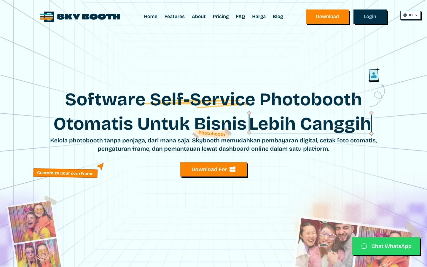 Halaman depan Skybooth dengan judul "Software Self-Service Photobooth Otomatis Untuk Bisnis Lebih Canggih"